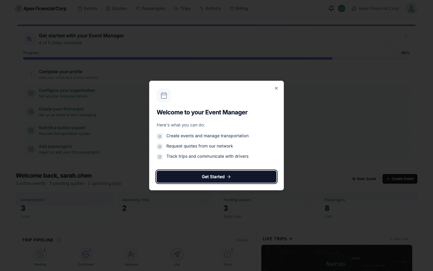 TransMov event manager dashboard with analytics and upcoming events