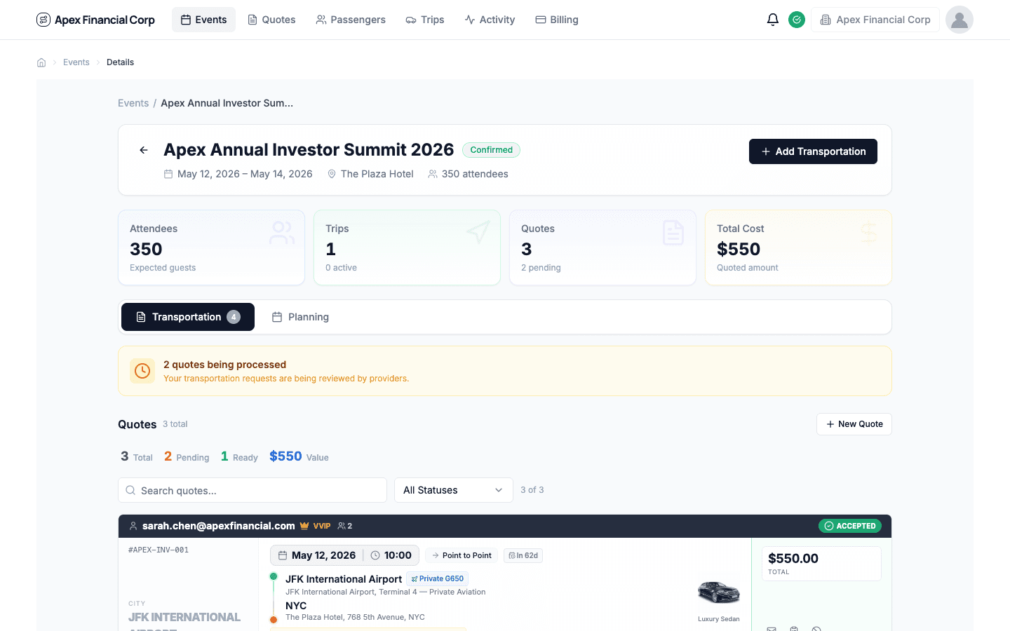 TransMov event view with quotes and trips