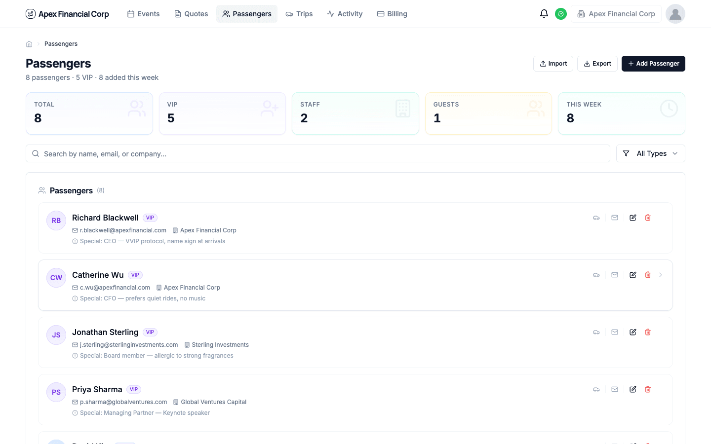 TransMov passenger list with trip assignments and tracking status