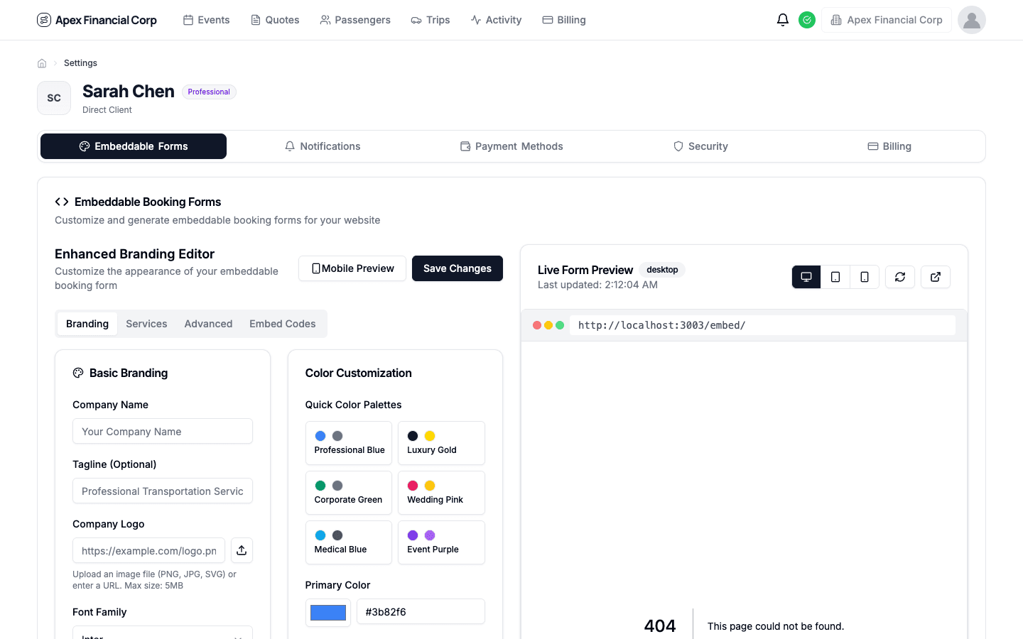 Branding configuration with custom logo, colors, and domain settings