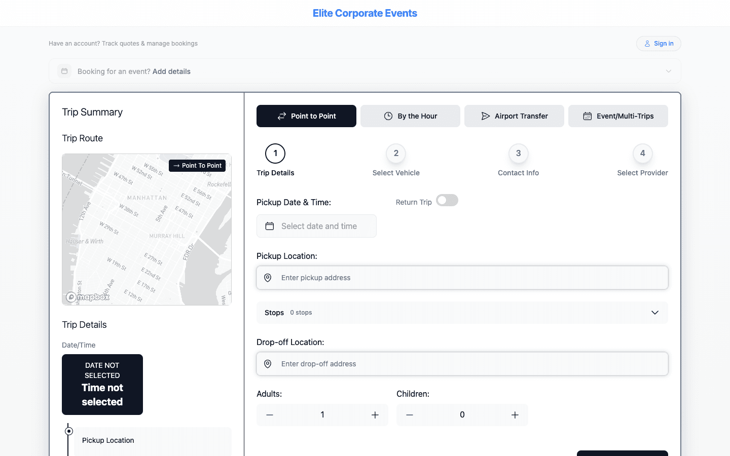 TransMov booking form for requesting ground transportation