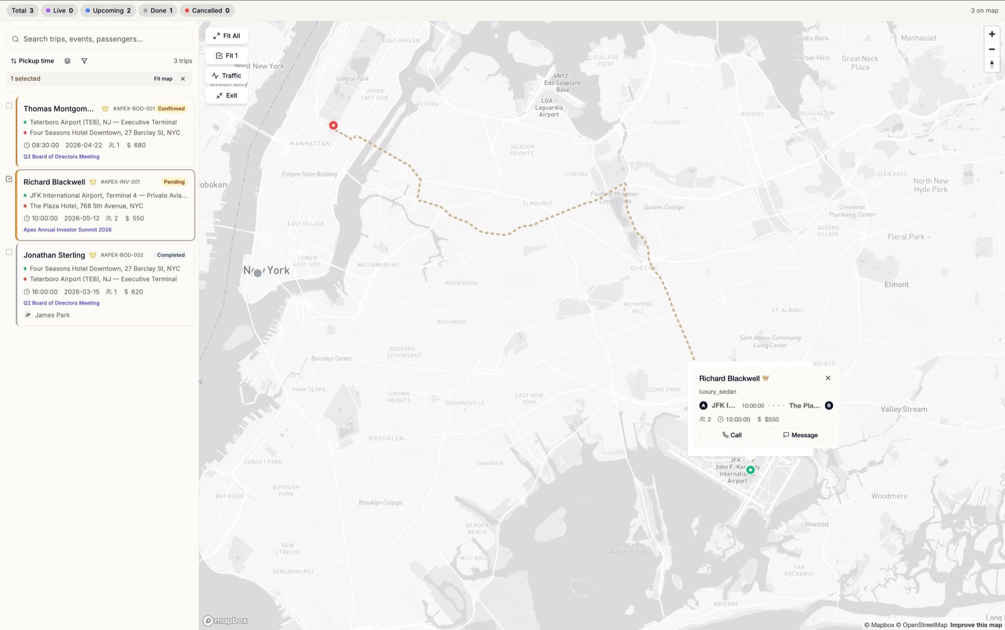 Live control-tower map with every event vehicle tracked in real time