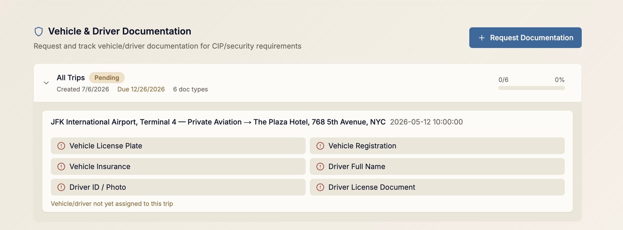 Vehicle and driver documentation tracker with credential requests and expiry status
