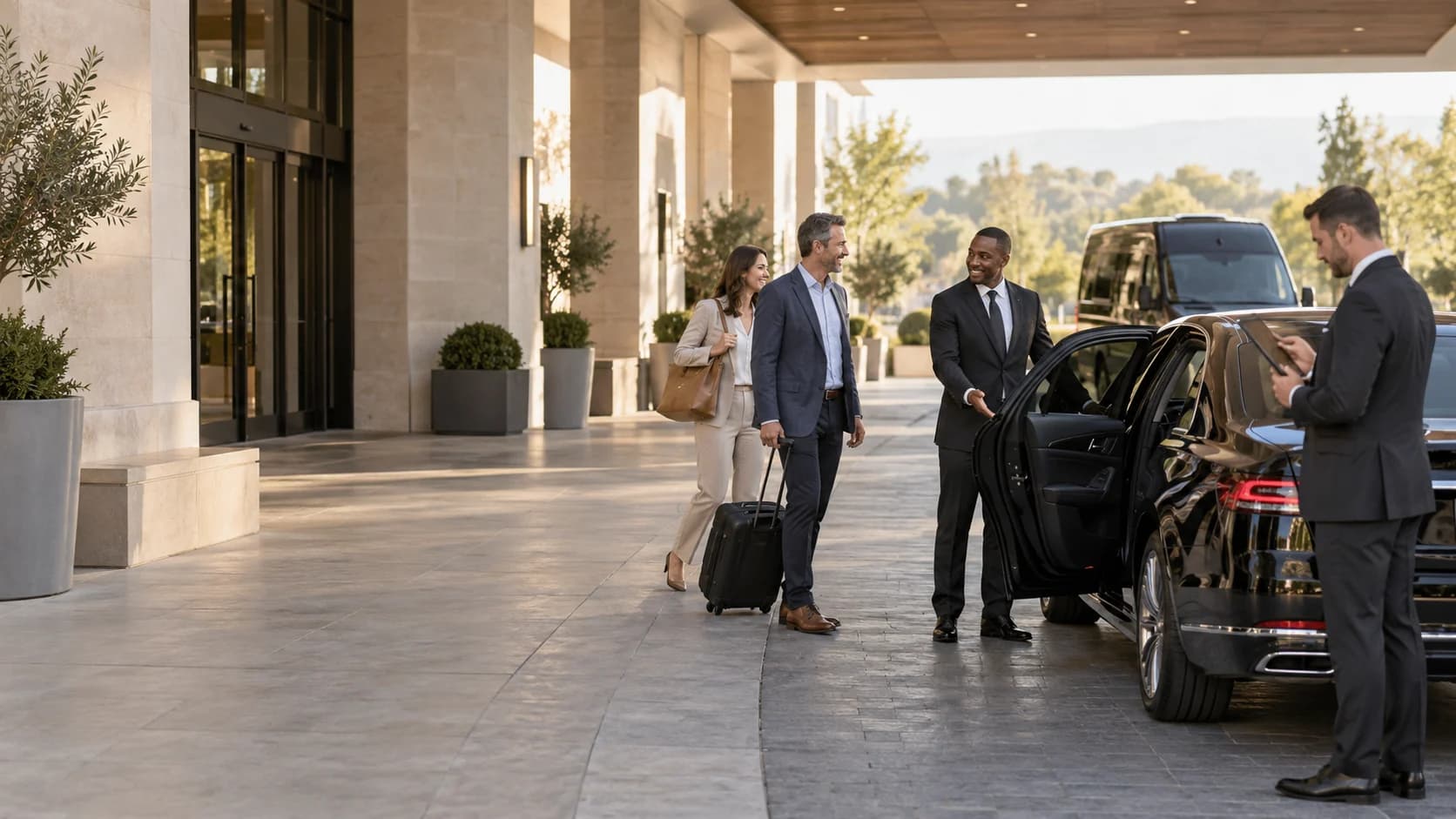 Guests arriving beside a chauffeured sedan outside a conference hotel